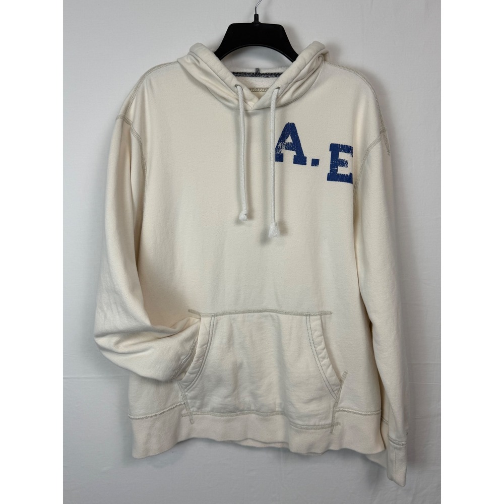 Vintage American Eagle Men's XL NYC Ath Graphic Hoodie Cream Y2K Preppy Grunge